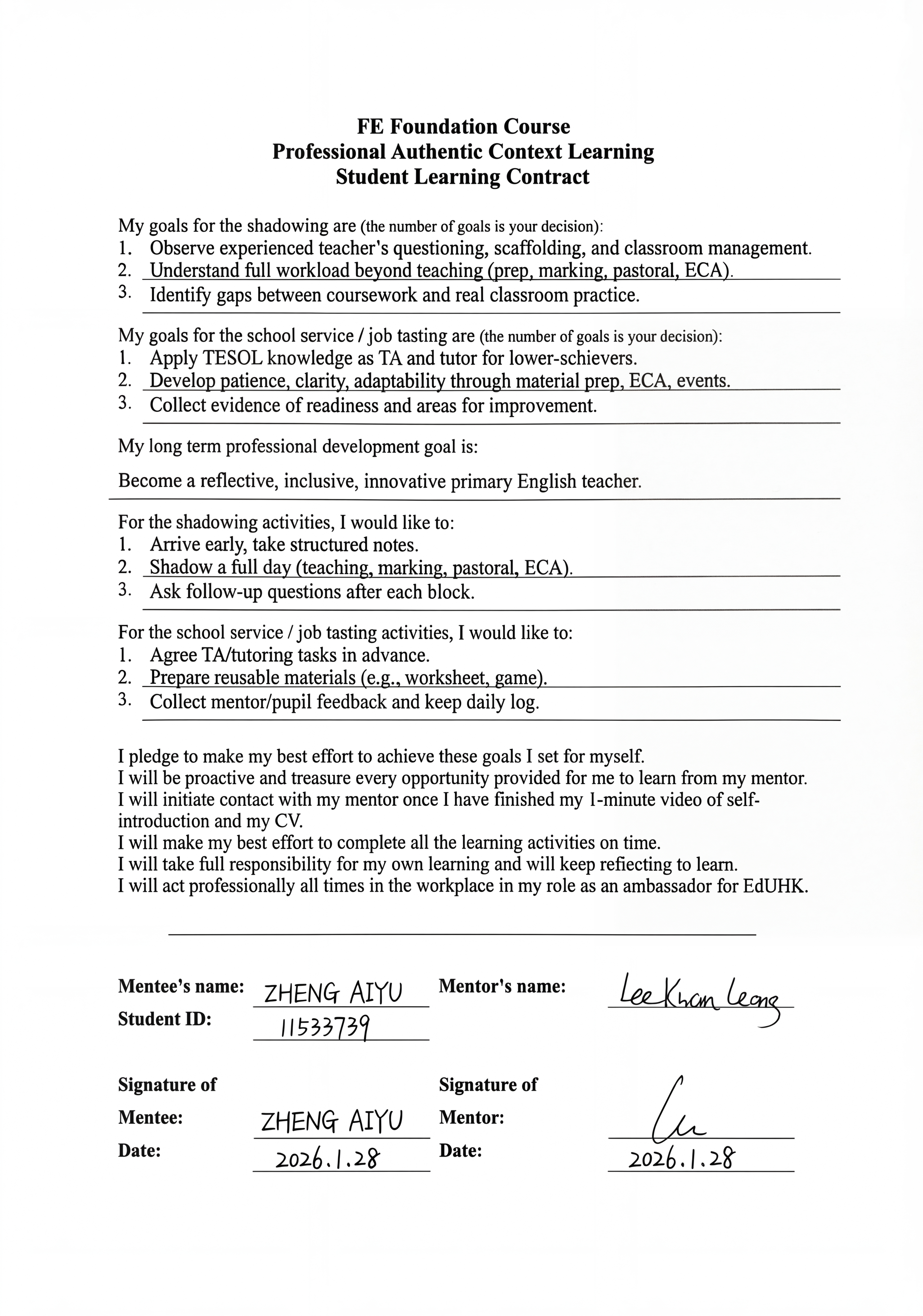 Student Learning Contract