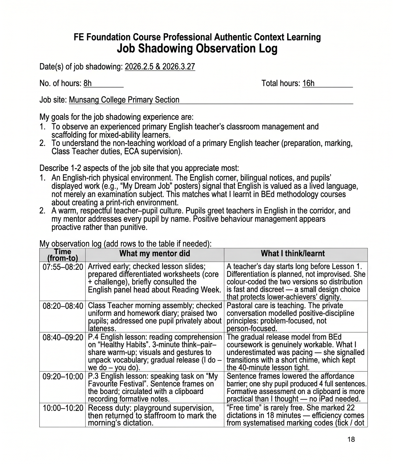 Job Shadowing Observation Log Page 1