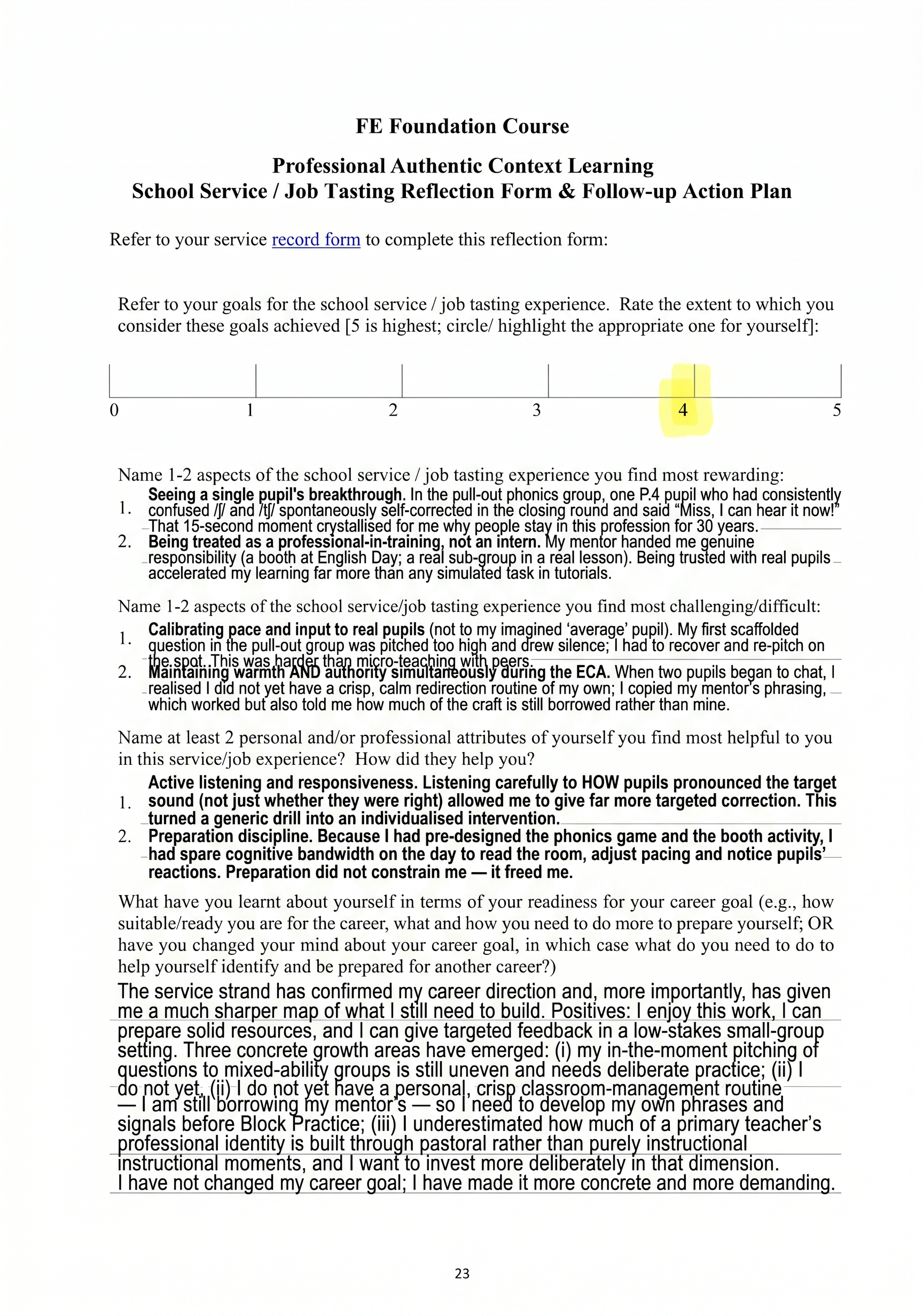 School Service Reflection Form Page 1