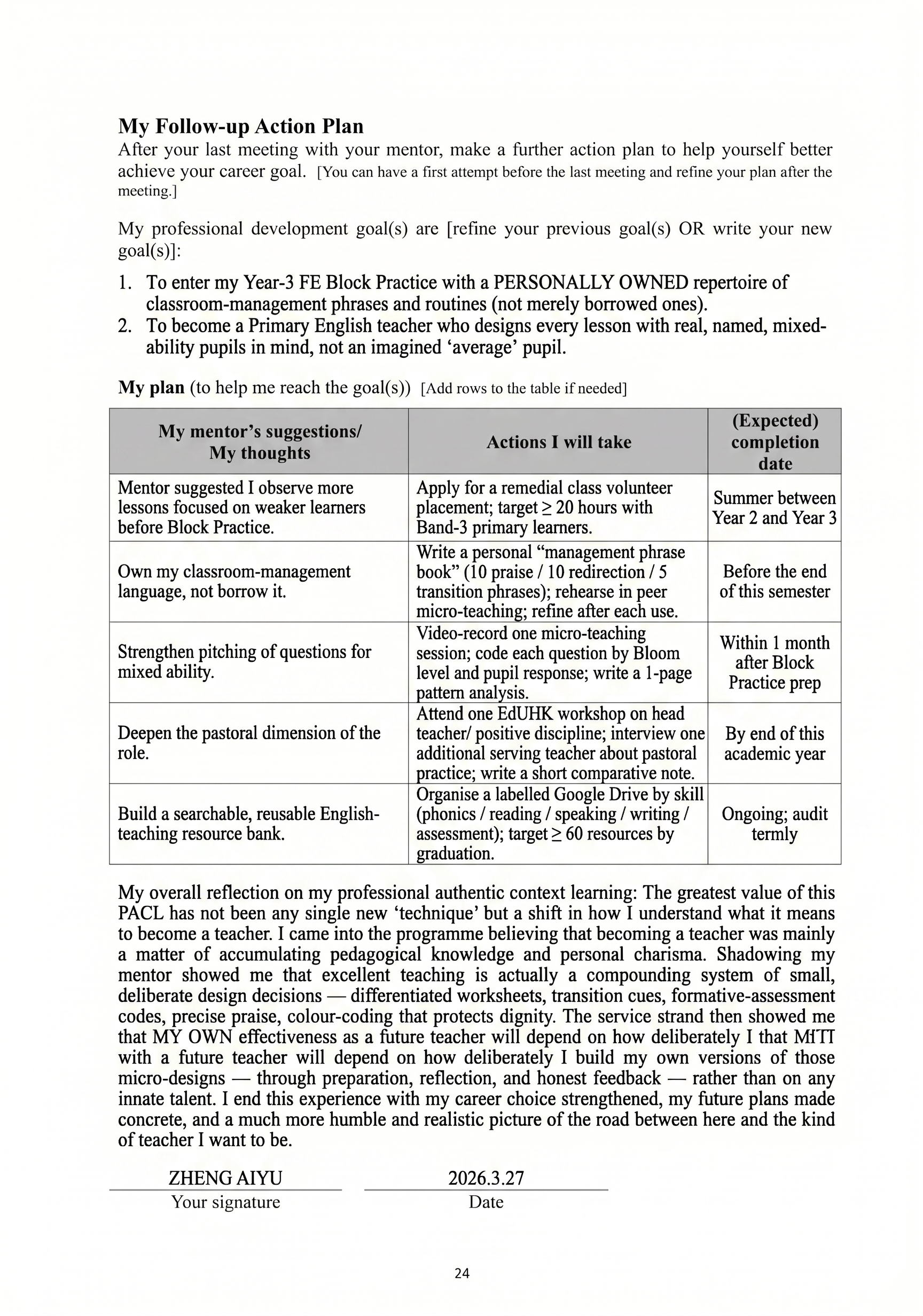 School Service Follow-up Action Plan