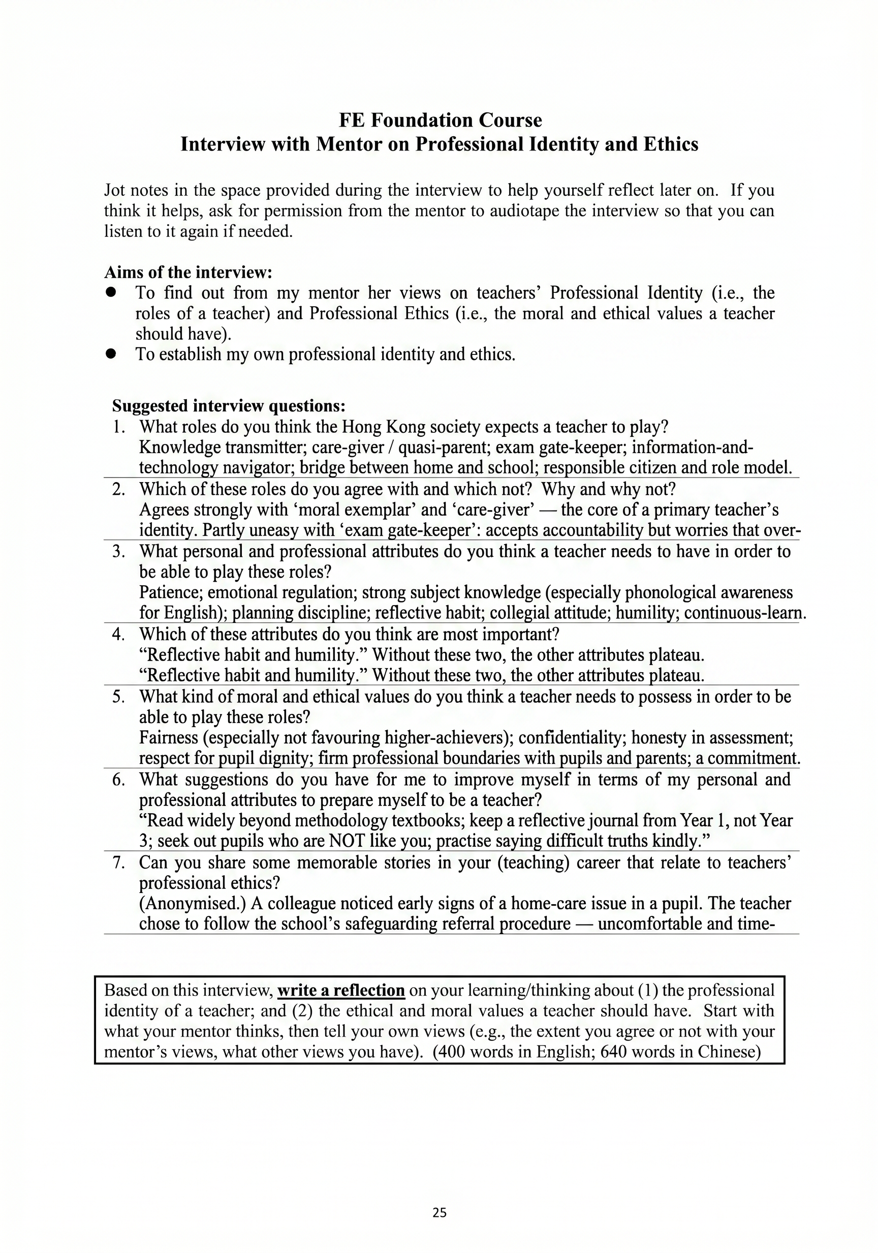 Interview with Mentor on Professional Identity and Ethics