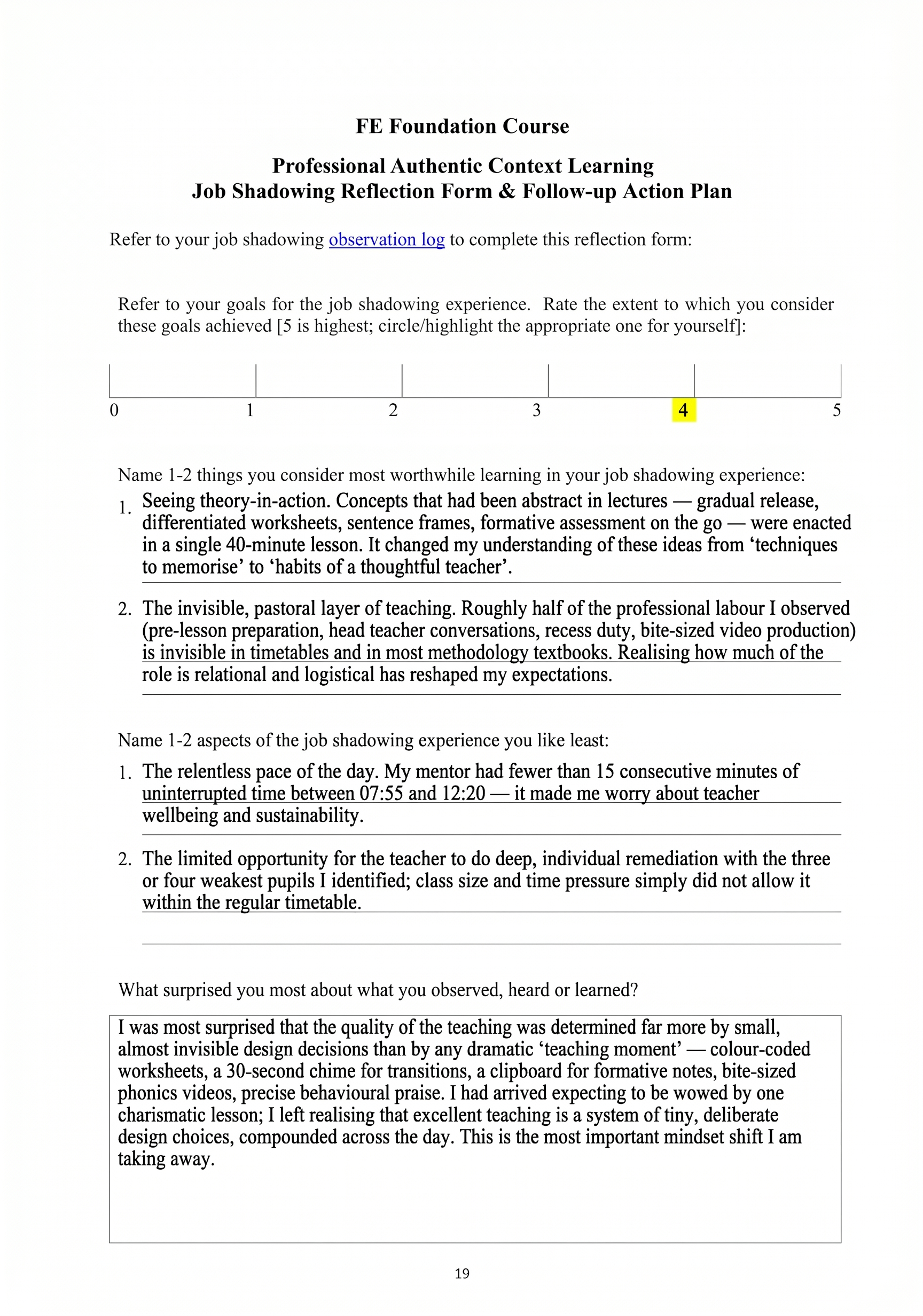 Job Shadowing Reflection Form Page 1