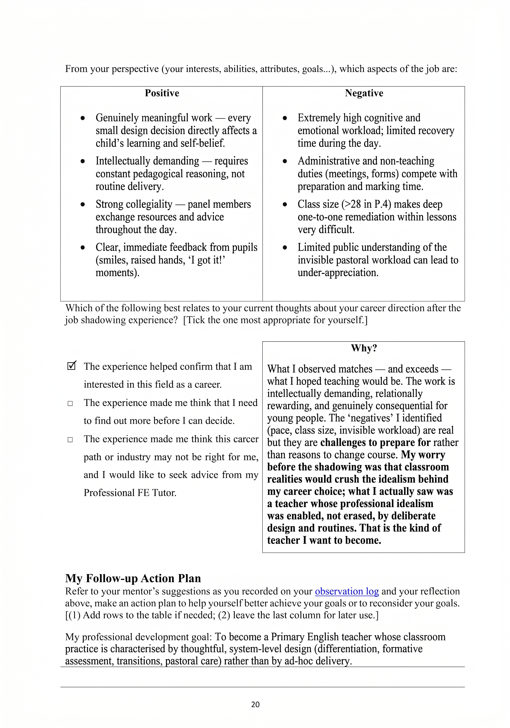 Job Shadowing Reflection Form Page 2