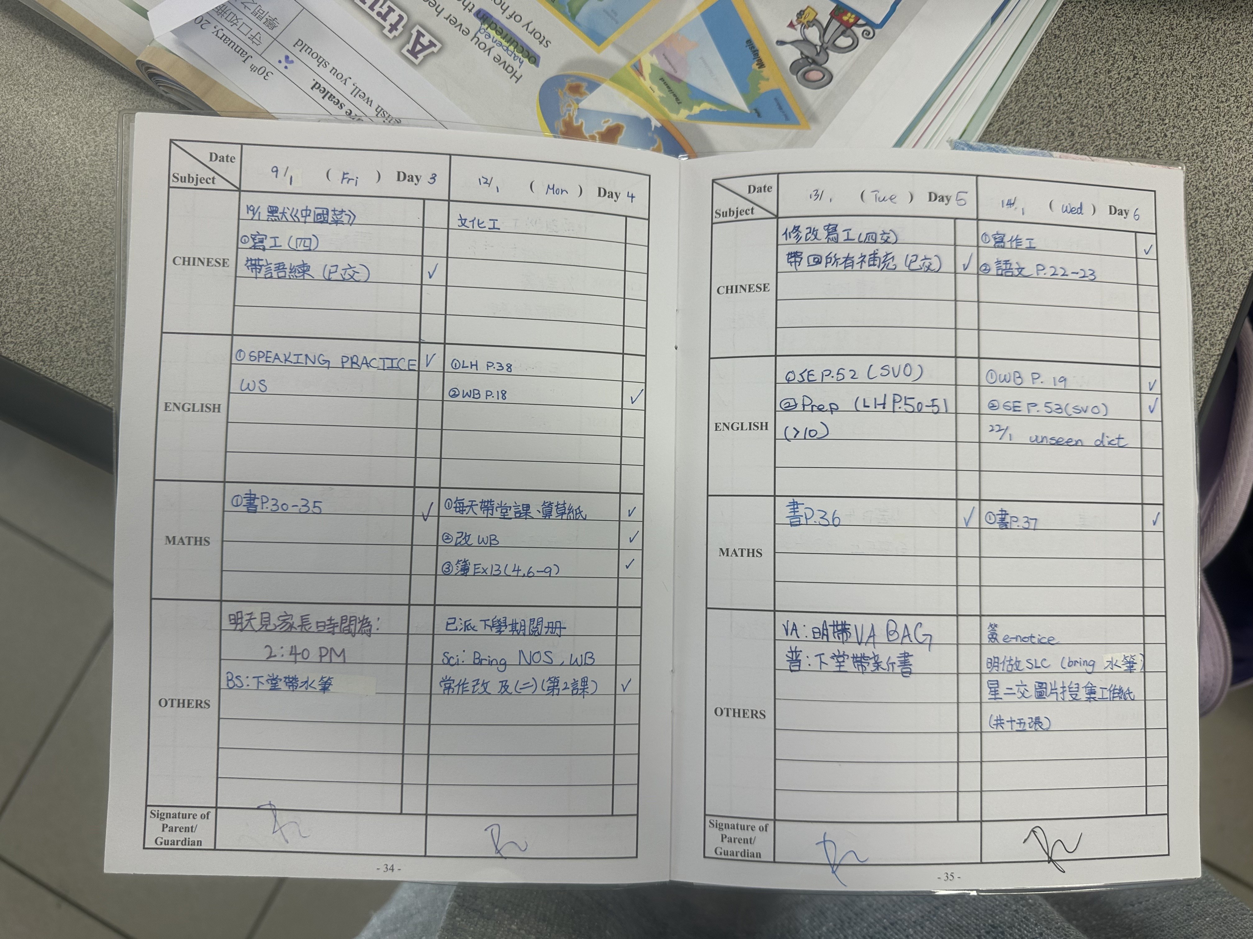 Pupil homework handbook with parent's signature